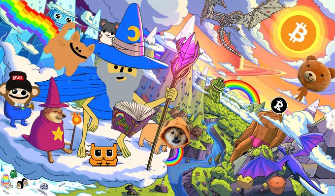 A vibrant, colorful digital illustration featuring a wizard-like cat character, doges (including Shiba Inus), dragons, rainbows, a Bitcoin symbol, and various other whimsical figures in a fantastical landscape.