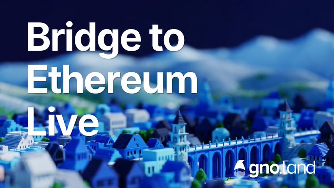 A promotional graphic reads 'Bridge to Ethereum Live' in large white text over a stylized, monochromatic blue 3D render of a cityscape with a bridge, featuring the 'gnoland' logo in the bottom right corner.