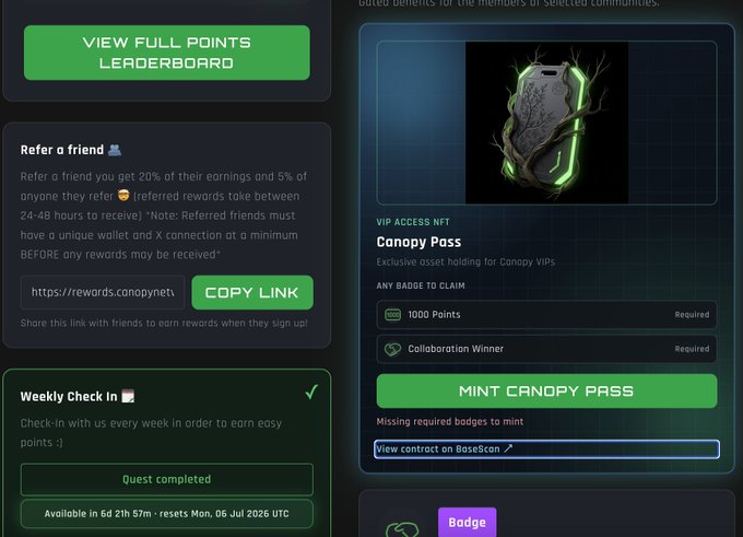 The image shows a Canopy Network rewards dashboard featuring a Canopy Pass VIP Access NFT, a "Refer a friend" section with a copyable referral link, and a completed weekly check-in quest that resets Monday, July 6, 2026, with a "Mint Canopy Pass" button requiring 1000 Points and a Collaboration Winner badge. This aligns with the post about the $CNPY Network airdrop, highlighting the referral system, daily check-ins, and the 1000 points needed to mint the VIP pass.
