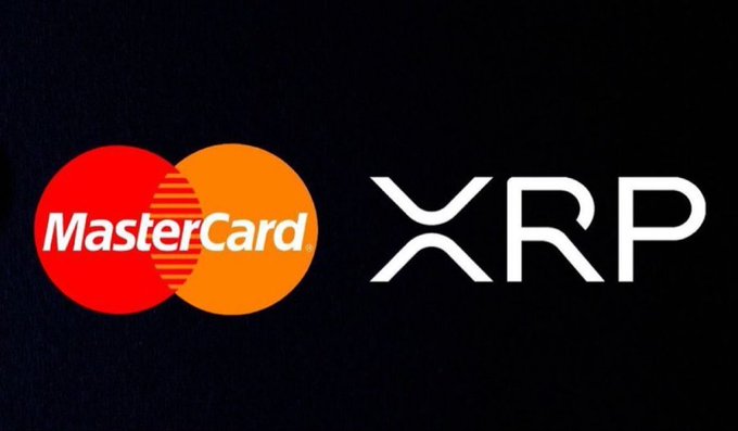 The MasterCard logo (red and orange overlapping circles) is displayed next to the white XRP cryptocurrency logo against a black background.