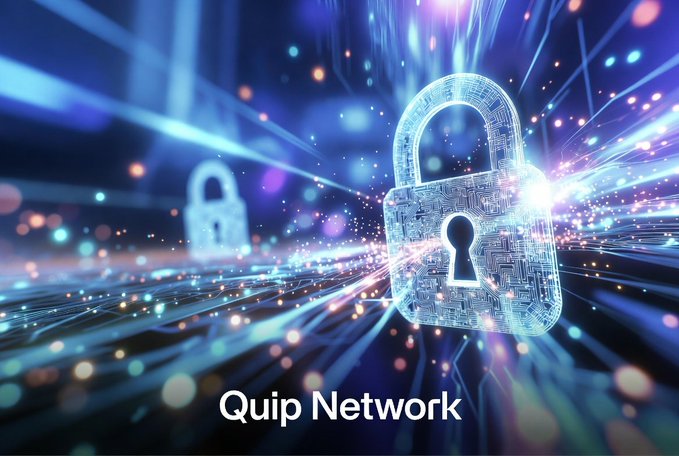 A digital illustration features a glowing padlock made of circuit patterns against a vibrant blue and purple background with light streaks, labeled 'Quip Network' at the bottom.