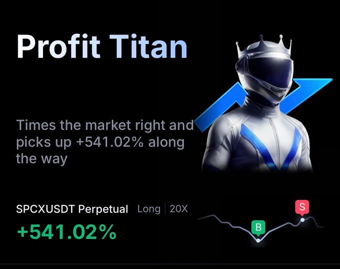 The image features a man wearing armor and helmet, standing behind a computer screen displaying information about the markets. There are several lines of text surrounding this person, providing details about the current markets, including "Profit Titan" being displayed next to his head in large letters above him. Additionally, there is a graphic or chart showing "SPCX USDT", and it appears that he has opened a position in the market for a certain period of time with a particular amount of money invested. This image seems to be related to a post discussing various investment opportunities on the internet.