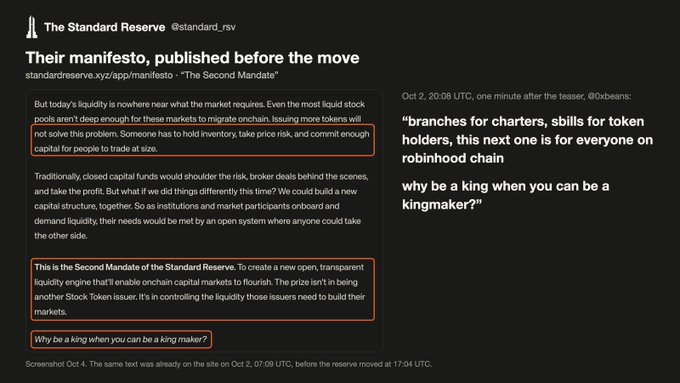 A screenshot of a post from The Standard Reserve (@standard_rsv) showing their manifesto titled 'The Second Mandate,' highlighting that liquidity is no longer scarce, and quoting teaser statements like 'branches for charters, sbills for token holders, this next one is for everyone on robinhood chain' and 'why be a king when you can be a kingmaker?'