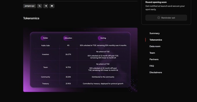 A dark-themed webpage for 'juicepeye' displaying a Tokenomics table with allocations for Public Sale (4%), Investors (26.07%), Team (14.70%), Community (33.33%), and Treasury (21.90%), with a sidebar showing a 'Round opening soon' notification.