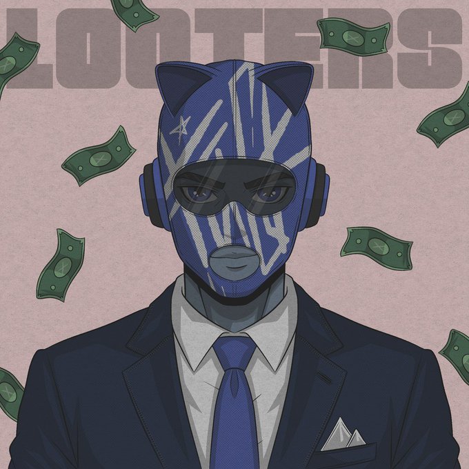 An illustrated character wearing a blue suit, sunglasses, and a blue cat-ear mask with an 'X' on it is surrounded by floating green banknotes, with the text 'CRYPTOS' in the background.