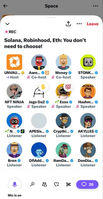 A screenshot of a Twitter Space recording titled "Solana, Robinhood, Eth: You don't need to choose!" with 26 participants listed as hosts, co-hosts, speakers, and listeners.