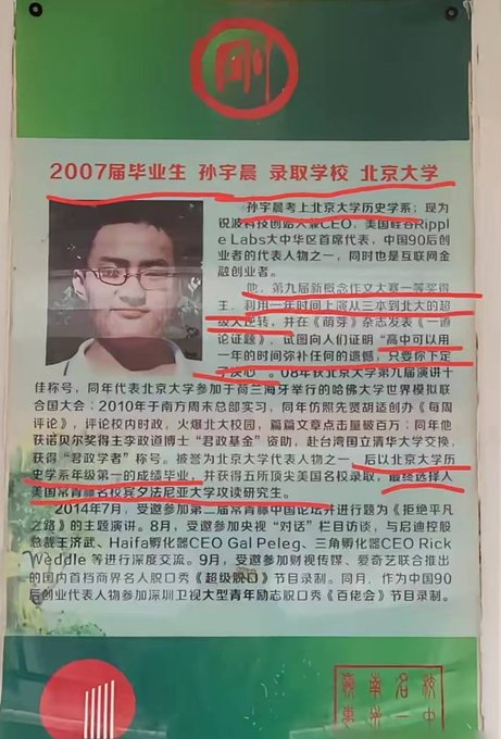 The image is a Chinese promotional poster from Beijing University (北京大学) featuring 2007 graduate Sun Yuchen (孙宇晨), highlighting his academic achievements, including winning the 9th New Concept Composition Competition first prize, attending Peking University, and being a representative at the 90s representative forum.

The caption relates to the accompanying post by showcasing his direct acceptance into Peking University, reinforcing the boast of "going straight to Beida" (北大) from his high school achievements.
