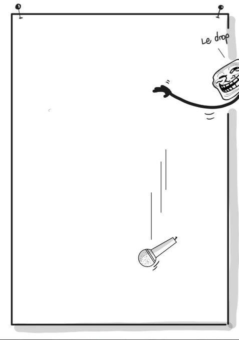 A troll-face meme on a notepad page where the troll releases an object, captioned 'Le drop', as it falls toward a pushpin below.