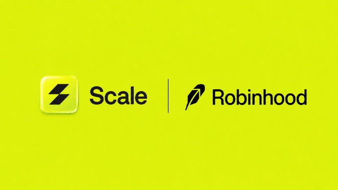 The image displays the Scale and Robinhood logos side by side on a lime-green background, visually announcing their partnership as Scale launches on Robinhood Chain with a 25% token airdrop to top Robinhood communities.