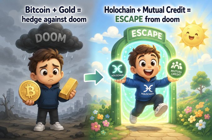 A cartoon graphic comparing approaches, with text: 'Bitcoin + Gold = hedge against DOOM' on a stormy side and 'Holochain + Mutual Credit = ESCAPE from doom' on a sunny side, showing a boy holding a Bitcoin and gold bar on the left and a boy stepping through a portal holding 'HOLOCHAIN' and 'MUTUAL CREDIT' icons on the right.