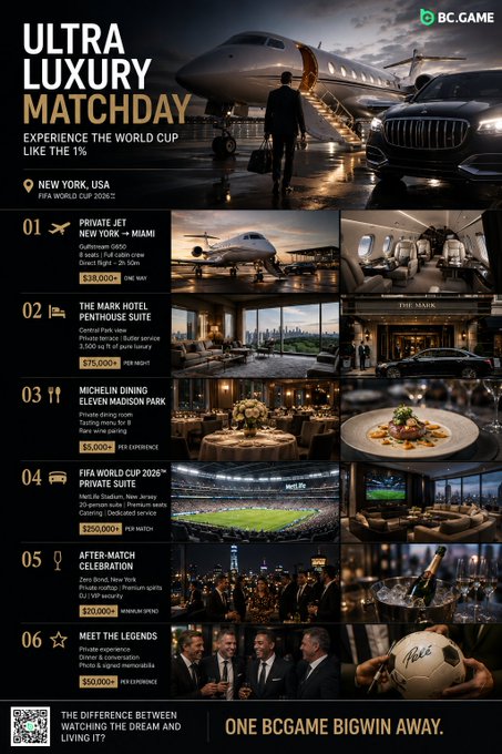 A promotional "Ultra Luxury Matchday" infographic from BC.GAME detailing a $512,000+ World Cup 2026 VIP experience package—featuring a $38,000 Gulfstream G650 private jet, The Mark Hotel penthouse, Michelin dining, suite tickets, an after-match party, and a legends meet-and-greet—with the post suggesting a single 10,000x BC.GAME bigwin could cover the cost.