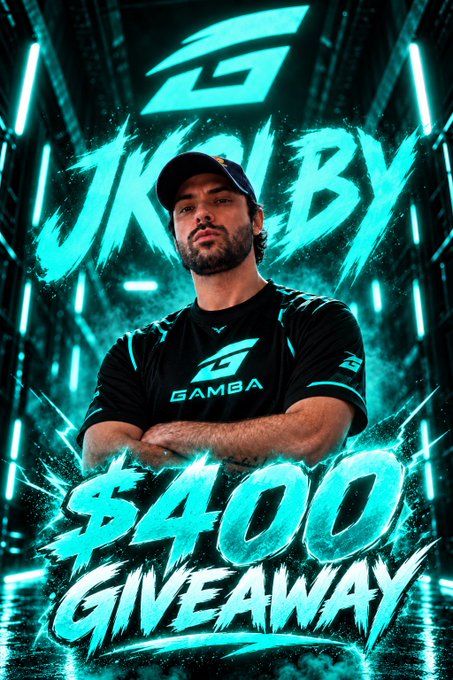 A promotional poster featuring a bearded man in a black Gamba cap and jersey, set against a neon teal corridor with the GAMBA logo overhead. Large text reads “JKOLBY” and “$400 GIVEAWAY,” supporting the post announcing a new Gamba partnership and giveaway using code JKOLBY.