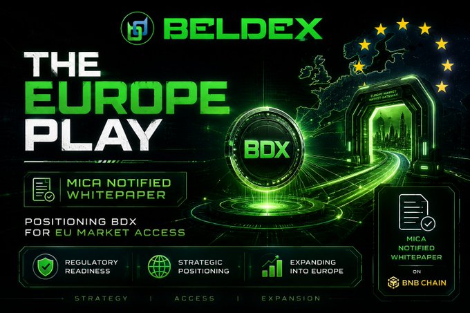 Green-themed promotional graphic for BELDEX titled 'THE EUROPE PLAY', highlighting BDX token's positioning for EU market access with MiCA-notified whitepaper on BNB Chain.