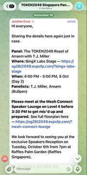 A WhatsApp group chat screenshot for 'TOKEN2049 Singapore Panel' dated September 10, displaying a message from Justine Chow announcing event details, including a panel with T.J. Miller at BingX Labs Stage and a meet-up at Mesh Connect Speaker Lounge, with a message count of 40.