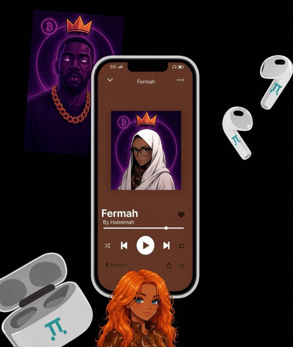 A digital illustration shows a smartphone playing a song titled 'Fermah' by 'Haleemah' on Airpod 3, surrounded by AirPods, an AirPods case, a purple 'Bitcoin king' portrait, and an anime-style character with orange hair.