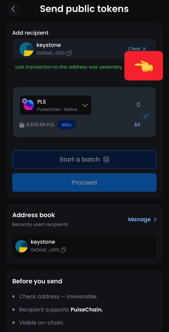 The image shows a "Send public tokens" screen from a crypto wallet app, with a warning message in green stating "Last transaction to this address was yesterday" next to a recipient address (0xDEeE...cE10) labeled "keystone," alongside a red warning hand icon. This illustrates the wallet's smart address detection feature, which warns users about potentially risky or newly interacted addresses to protect against address poisoning scams before they send 9,978.85 PLS tokens.