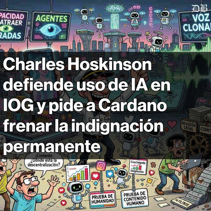 The image features a cartoon scene with various characters, including a man wearing glasses who appears to be making a funny face while holding a sign that says "Charles Hoskinson defiende el uso de IA en IOG tras controversia por experimento con influencer de IA". The text in the image is written in Spanish and includes phrases such as "pide a la comunidad de Cardano de lado la indignación constante", which translates to "use it for the community.

The cartoon depicts a man with glasses making a funny face, holding a sign that says "Charles Hoskinson defiende el uso de IA en IOG tras controversia por experimento con influencer de IA". The image also includes various other characters and objects such as a robot, a laptop, and a cityscape.

The post is titled "Charles Hoskinson defiende el uso de IA en IOG tras controversia por experimento con influencer de IA", which translates to "Charles Hoskinson defends the use of social media in court". The image also includes text that says "pide a la comunidad de Cardano de lado la indignación constante" and "focus on what is in the image and how it relates to the post".