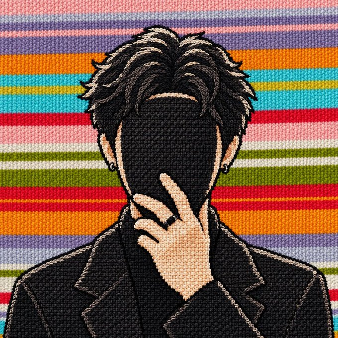 Textured artwork depicting a man in a black suit covering his face with his hand, showing a wedding ring, against a colorful striped backdrop.