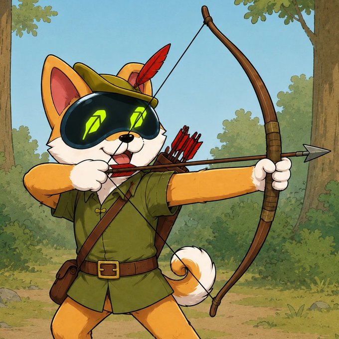 An animated cartoon illustration of an orange and white cat dressed as Robin Hood, wearing a green tunic, feathered cap, and glowing green visor, drawing a bow and arrow with red-fletched arrows on its back.