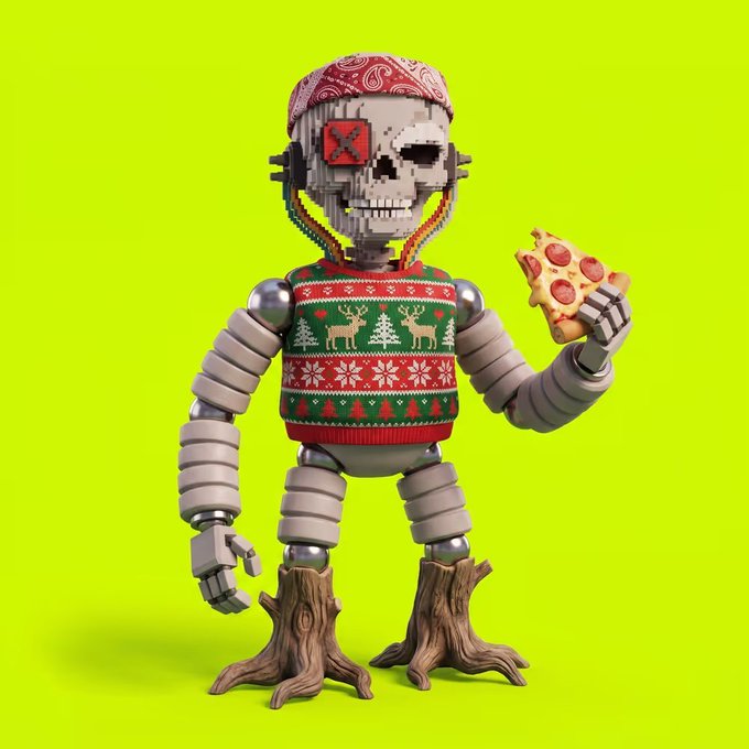 A 3D-rendered skeletal robot character wearing a festive Christmas sweater and bandana holds a slice of pizza, standing on tree stump legs against a bright green background. The quirky, holiday-themed figure aligns with the post's celebratory tone about a new all-time high and crypto giveaway promotion.