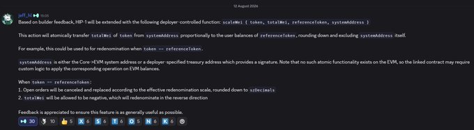 A Discord message from 'jeff.x' discussing HIP-1 extension on builder feedback regarding deployer-controlled functions including scaleWei, token, totalWei, referenceToken, and systemAddress for EVM redemption operations.