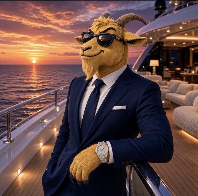 An AI-generated image of an anthropomorphic goat wearing sunglasses and a navy suit, standing on the deck of a luxury yacht at sunset.