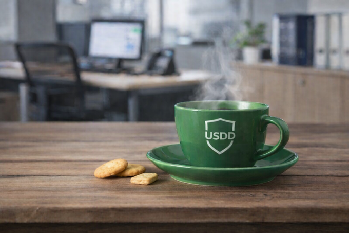 A steaming green coffee mug with a shield logo reading 'USDD' sits on a wooden saucer with cookies, set in an office environment.