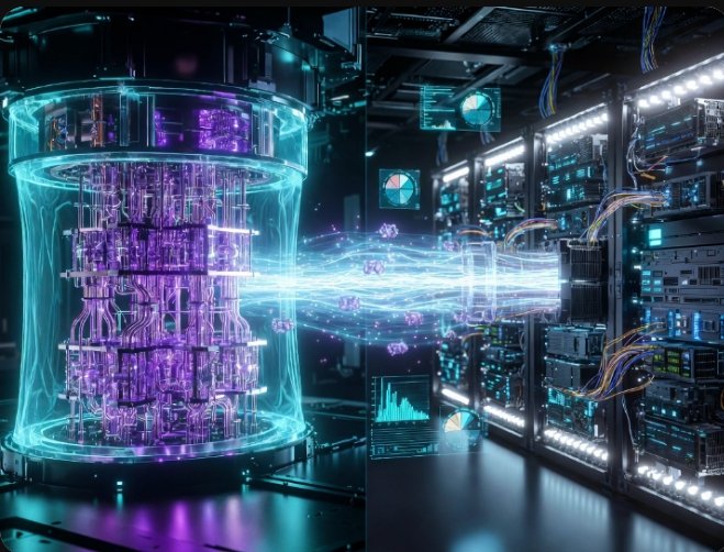 The image shows a computer server room filled with servers and displays of data. The servers are connected by wires, indicating that they are part of a complex network. A large purple machine is present in the center of the room, surrounded by multiple servers. The image also contains text that reads "Why settle for slow classical compute when you can have quantum acceleration? @quipnetwork 's hybrid model combines Quantum annealing for hard optimization problems with classical nodes for reliable, scalable execution." This suggests that the server room is designed to utilize both traditional and advanced computing technologies to achieve faster solutions.