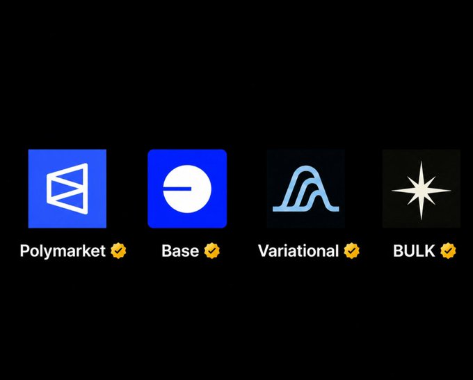The image shows four different logos for companies related to cryptocurrency trading. The logos are arranged vertically against a black background with white text. Each logo represents a different aspect of the crypto market, such as Polymarket, Base, Variational, and Bulk. The logos are designed in a square format, making it easy to compare their features and understand what each company offers.