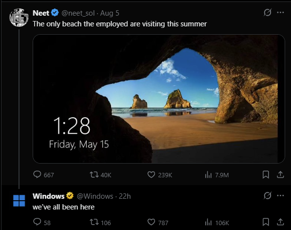The image shows a tweet from user "Neet" (@neet_sol) dated August 5, with the caption "The only beach the employed are visiting this summer," featuring a serene beach cave photograph with the lock screen displaying "1:28 Friday, May 15"—ironically a Friday the 15th, humorously highlighting that unemployed crypto traders have nothing but time to appreciate the view.