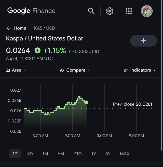 Google Finance screenshot showing the KAS/USD (Kaspa / United States Dollar) cryptocurrency price at $0.0264, up 1.15% (+0.00030) as of Aug 4, 11:41:04 AM UTC, with a 1D candlestick chart.