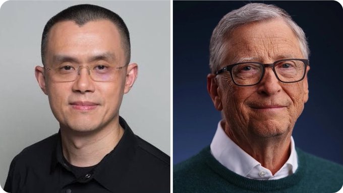 A side-by-side comparison portrait showing a younger man with glasses in a black shirt on the left and an older man with glasses and gray hair in a green sweater over a white collared shirt on the right, visually representing the news that Binance founder Changpeng Zhao (CZ) has surpassed Bill Gates in net worth.