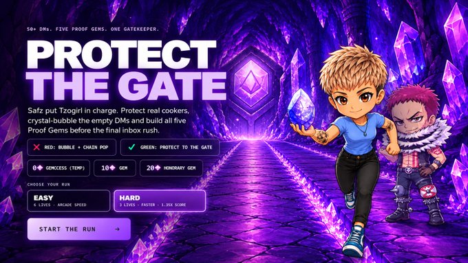 A game promotional banner titled 'PROTECT THE GATE' features chibi-style anime characters in a purple crystal cave, with the tagline '50+ DNS. FIVE PROOF GEMS. ONE GATEKEEPER.' and a difficulty selector.