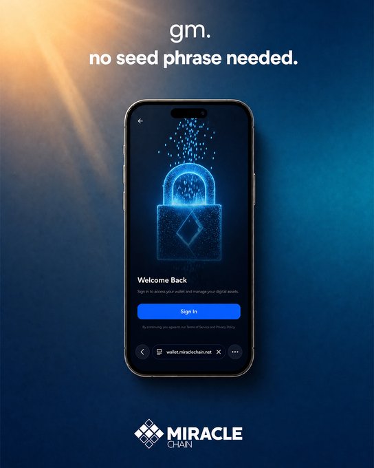 A promotional graphic for MiracleChain showing a smartphone with a glowing blue padlock and the text 'gm. no seed phrase needed.' alongside the 'MIRACLE CHAIN' logo.