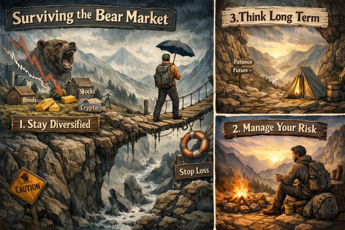 The image features a painting depicting a man standing over a bridge with an umbrella while holding a backpack. The scene takes place in front of a mountain, adding depth to the artwork. Below the painting, there are three signs providing advice on how to survive the bear market. One sign suggests that we should "Think Long Term", another encourages us to "Manage Your Risk", and the third advises against diversifying our investments. The image also includes a caption below it stating "@Base projects".