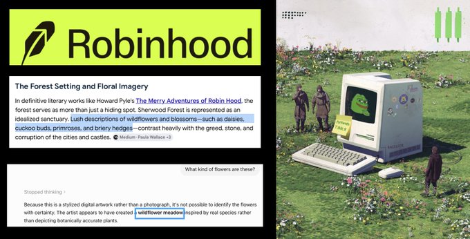 The image shows the Robinhood logo in green, alongside a text excerpt from "The Merry Adventures of Robin Hood" discussing wildflowers, daisies, and primroses, paired with a Beeple-style digital artwork depicting figures around an old computer in a wildflower meadow. This connects to the post's observation about Beeple's art incorporating Robinhood imagery and a backwards "R" spelling of TIBBIR matching the Ribbit Capital logo, linking the fintech Robinhood ($HOOD) to crypto/blockchain themes.
