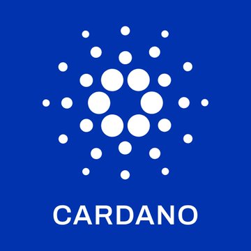 The image shows the Cardano logo, featuring a blue background with a circular arrangement of white dots forming a distinctive pattern above the "CARDANO" text. The logo ties into the post by representing the cryptocurrency project's branding for their upcoming presence at RareEvo in Vegas.
