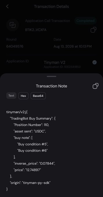 A mobile screenshot of a 'Transaction Details' page for an Application Call Transaction involving 'Tinyman V2', showing a JSON transaction note about a USDC TradingBot Buy Summary.