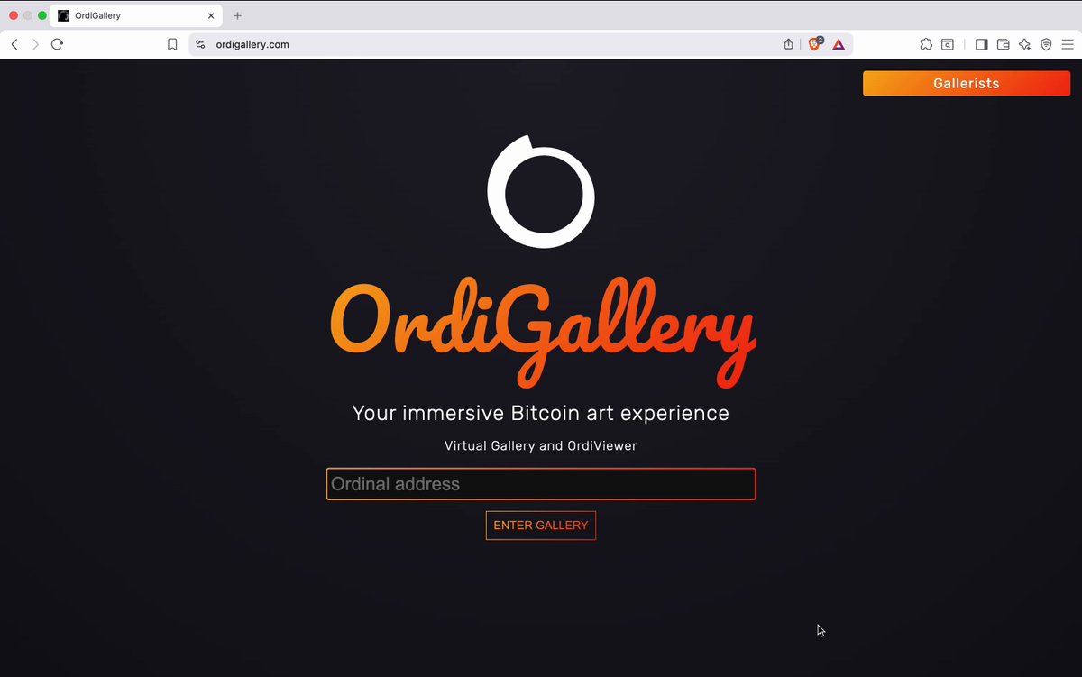 The image shows a computer screen displaying the website "Ordi Gallery". The website has a dark background with white text that reads "Your immersive DICINARY experience" and "Add your own gallery". There are also several other images on the page, including one of an orange circle and another of a red rectangle. The post suggests that if someone presses tab while in the gallery mode, they can access additional information about the gallery or even enter their name to view it in full screen.