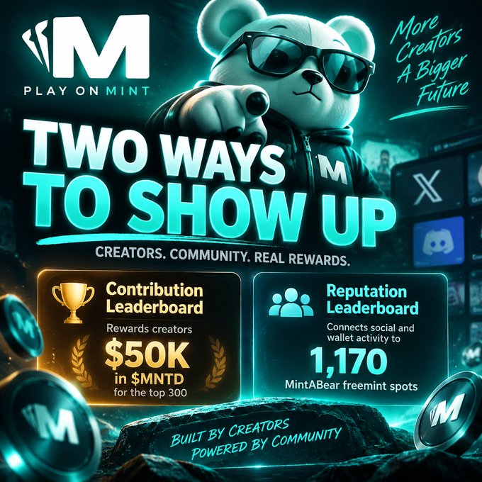 A promotional graphic for 'MINT' titled 'TWO WAYS TO SHOW UP', featuring a bear mascot in sunglasses and details about a $50K Contribution Leaderboard and 1,170 MintABear freemint spots.