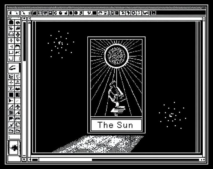 A pixelated, monochrome image displayed within a retro image editing software interface shows a tarot-style card titled 'The Sun,' depicting a figure beneath a radiant sun with stars in the background.