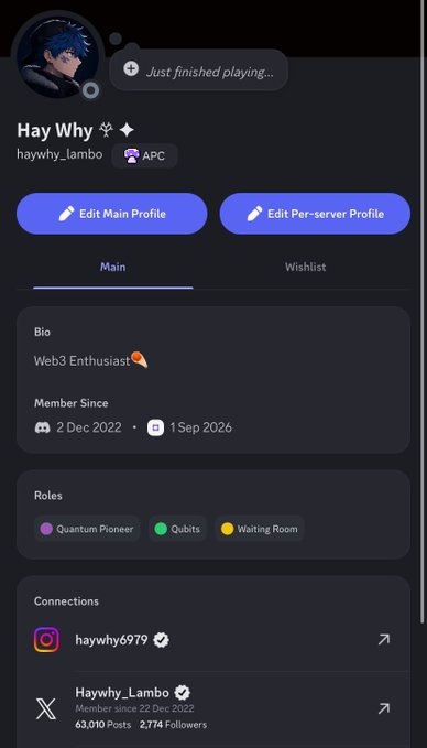 A profile page for 'Hay Why' (haywhy_lambo) on a platform, showing a 'Just finished playing...' status, bio as a 'Web3 Enthusiast', roles including 'Quantum Pioneer' and 'Quibits', and social media connections to Instagram and X (Twitter).