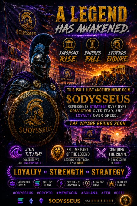 Promotional poster for the '$ODYSSEUS' meme coin on Solana with text 'A LEGEND HAS AWAKENED,' 'Kingdoms Rise. Empires Fall. Legends Endure,' and features a Spartan warrior.