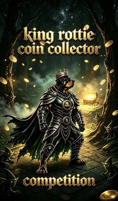 A fantasy illustration shows an armored Rottweiler king wearing a crown and dark armor, standing in a misty forest with gold coins floating around, titled 'king rottie coin collector competition'.