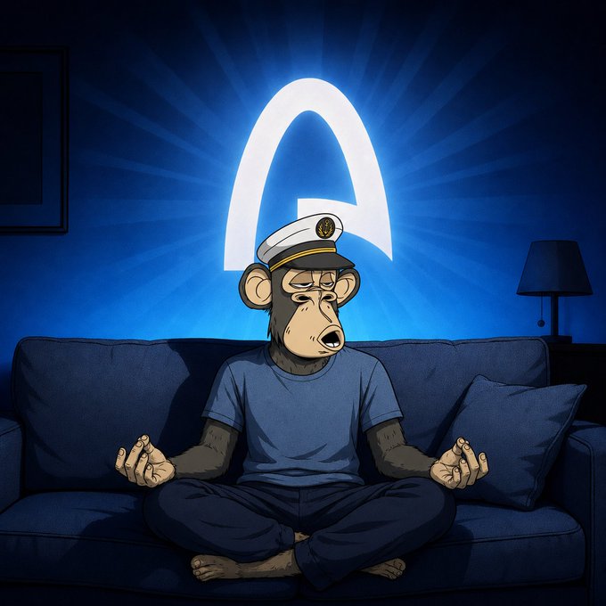 A weary monkey wearing a captain's hat meditates on a couch beneath a glowing "A" symbol, visually representing a patient builder awaiting Arc Network's September launch.