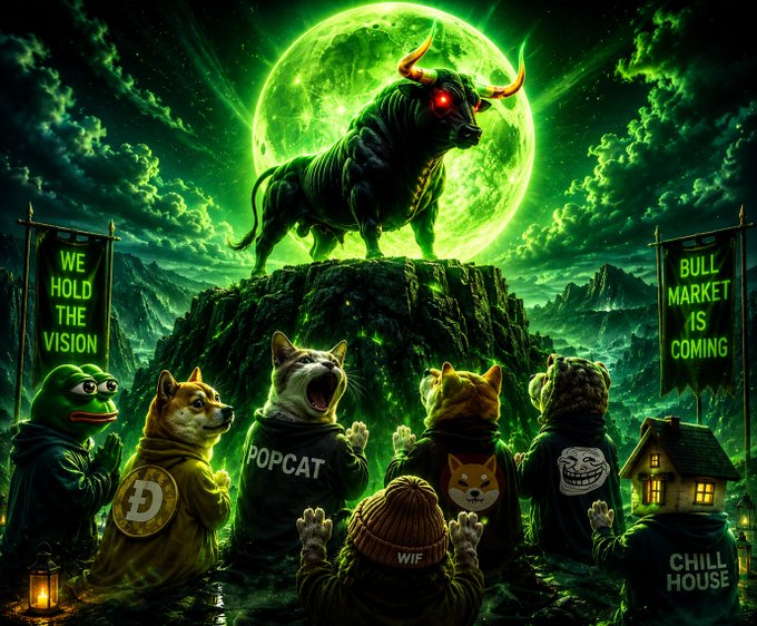 A dramatic, green-tinted digital artwork featuring a powerful bull standing on a cliff against a glowing green moon, with a group of meme characters (including Doge, Popcat, Pepe, and others) gazing up at it beneath banners reading 'WE HOLD THE VISION' and 'BULL MARKET IS COMING'.