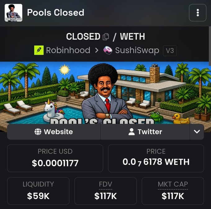 A cryptocurrency tracking page for 'Pools Closed' showing a CLOSED/WETH token pair on SushiSwap V3, displaying a price of $0.0001177 USD with $59K liquidity and $117K market cap, featuring pixel art of a man by a pool.
