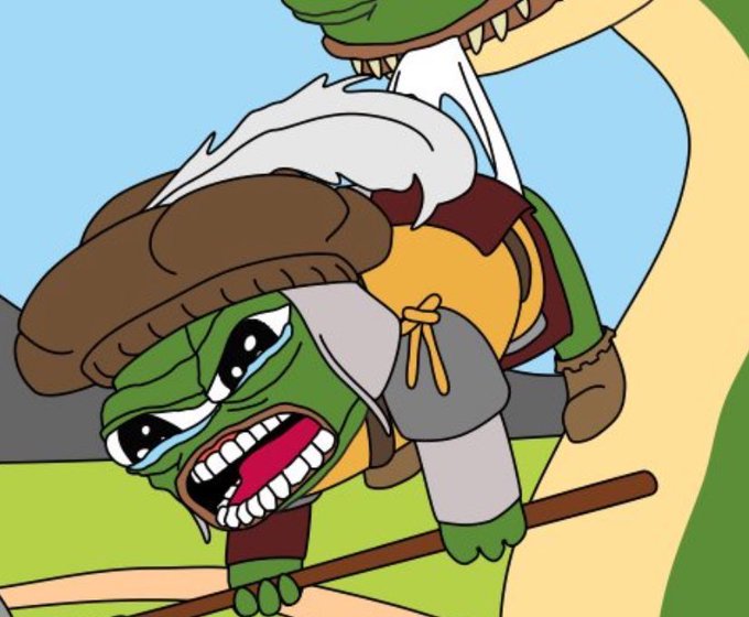 A cartoon illustration shows a crying green turtle character wearing a brown hat and yellow shirt, holding a stick, with a green dinosaur character biting his head from above.