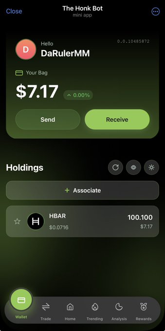 Screenshot of a Hedera wallet via The Honk Bot mini app showing DaRulerMM with $7.17 in their bag (100.100 HBAR at $0.0716), indicating a small starting balance ready for an upcoming trading challenge. The image illustrates the post's announcement that the wallet is prepared and ready for Monday's challenge launch.