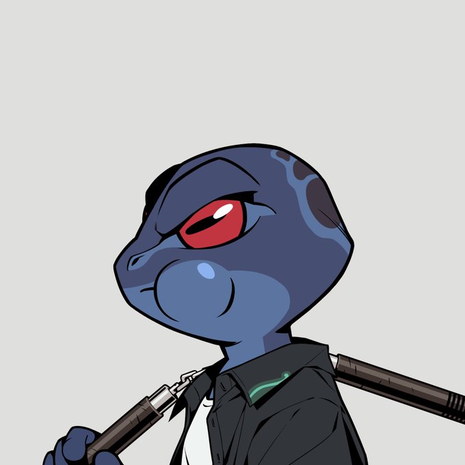 A cartoon-style illustration of a blue lizard or reptile character wearing a black jacket and holding what appears to be a baton or weapon over its shoulder.